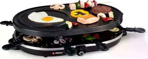 ALPINA Gourmet Family Raclette Grill 8 Personen mit Antihaftbeschichtung, 1200 W Leistung, Abnehmbare Grillplatte 8 Pfännchen Raklette Fondue Party