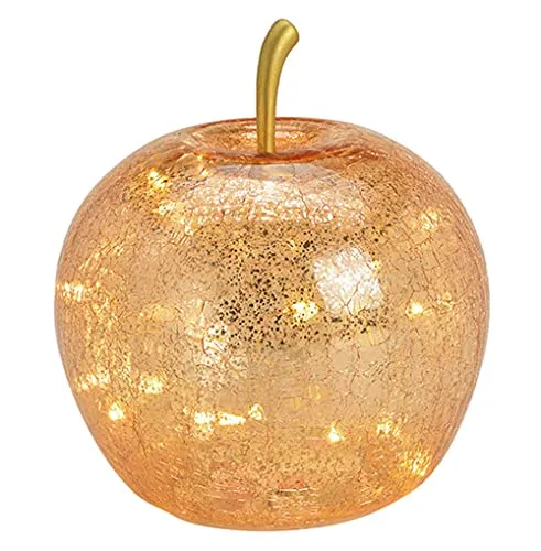 Wurm Lampe Apfel (S) Glas, Gold, Apfel Leuchte mit LED Lichterkette, Dekolampe, Tischleuchte, Apfellampe