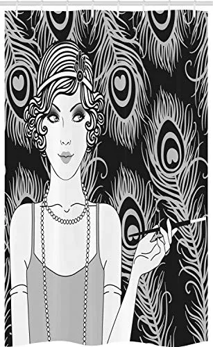 ABAKUHAUS Pin up Girl Schmaler Duschvorhang, Retro Party-Konzept, Badezimmer Deko Set aus Stoff mit Haken, 120 x 180 cm, Grau Hellgrau und Schwarz