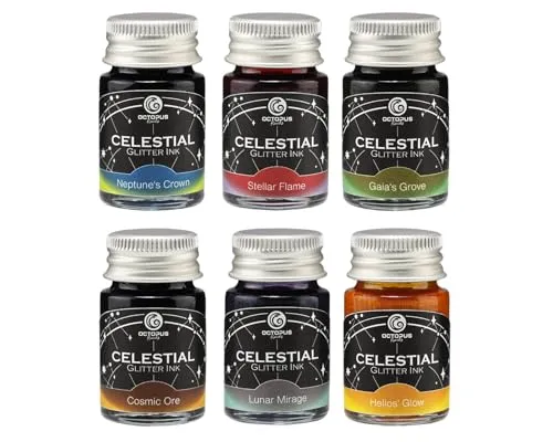 OCTOPUS Fluids Celestial Glitzertinten Set – 6 Metallicfarben für Füller - Set aus 6 Glitzertinten in Metallicfarben, ideal für kreative Schreibprojekte. Mit 10 ml pro Glas und geprüfter Qualität für brillante Ergebnisse in jedem Einsatz.