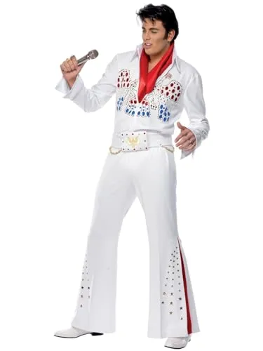 Elvis American Eagle Costume (M) - Weißes Herren Kostüm mit Gürtel und Schal, ideal für Karneval und Themenpartys, optimale Passform und einfacher Reißverschluss