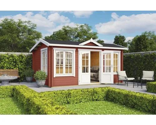 Gartenhaus Blockhaus Satteldach 44 mm Windsor 44 rot 420x320 cm - Gartenhaus mit 3 Doppelfenstern und abschließbarer Doppeltür, ideal für Gartenlagerung oder Freizeitnutzung, inklusive Boden und 5 Jahre Herstellergarantie.