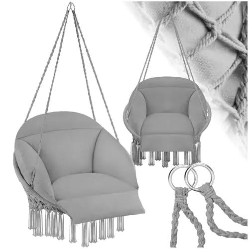 Produktbild TecTake® Hängesessel mit Kissen und Quasten – Boho Hängekorb für Garten und Wohnzimmer