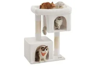 FEANDREA Kratzbaum L mit 2 Häuschen, 101 cm - cremeweiß - Kompakter Kratzbaum für Katzen mit extra großer Liegefläche und zwei gemütlichen Höhlen. Stabil und sicher, ideal für aktives Spielen und Entspannen. Maße: 68 x 48 x 101 cm.