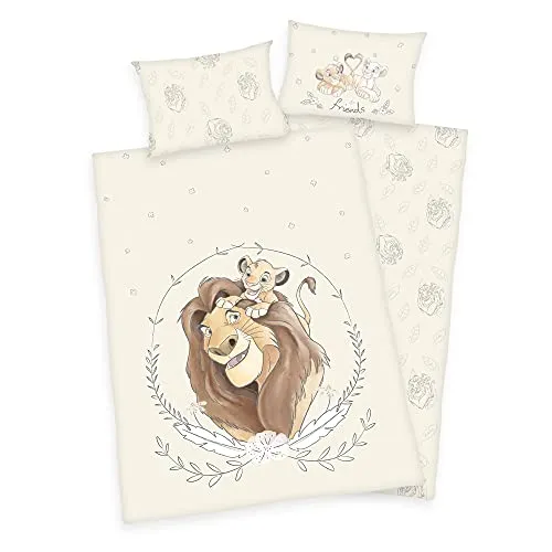 Disney König der Löwen Simba Mufasa Baby Bettwäsche Set - Bettwaren-Set für Kinder mit hochwertigen Stoffen, 100x135cm Wendebettwäsche mit zwei Motiven und Reißverschluss für einfachen Bezug. Perfekt für kleine Löwenfans!