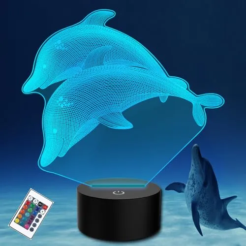 PONLCY 3D Illusion Lampe Delfin Led Nachtlicht, 16 Farben Fernbedienung USB Schreibtischlampen, Schlafzimmer Dekoration Tischlampe für Kinder Weihnachten Geburtstag Geschenke