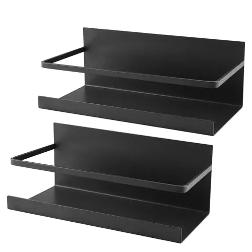 Zosenyer 2 Stück Kühlschrank Regal Magnetisch, Gewürzregal Magnet mit Beweglichen Ablage Platzsparend, Wandregal Küche Anti-Rost, Gläser Flasche, Getränkefür Gewürze Küchenorganizer (Schwarz)