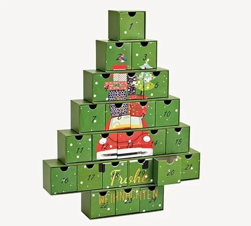 Adventskalender Tannenbaum, Frohe Weihnachten mit Auto, 24 Boxen aus Pappe zum befüllen, DIY Kalender