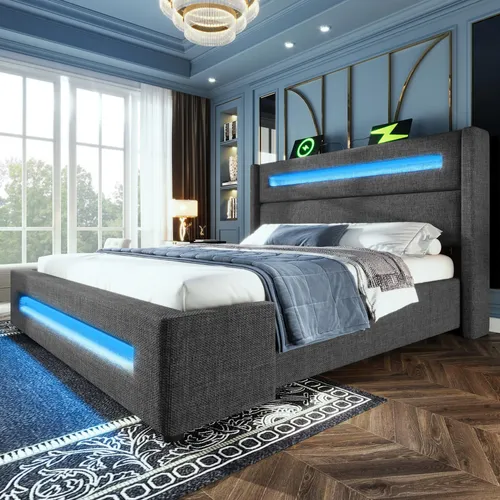 MODFU Polsterbett 160x200,ohne Matratze,Kinderbett mit LED und USB Type-C Aufladen,Jugendbett mit hydraulischem Stauraum,Bettgestell mit Holzlatten,Grau