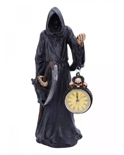 Horror-Shop Dekofigur Schwarzer Sensenmann mit Sense & Uhr 39,5 cm - Dekofiguren - Morbide Grim Reaper Statue aus Kunststein, ideal als einzigartiges Gothic Wohnaccessoire und Geschenk für Fans des Schaurigen.