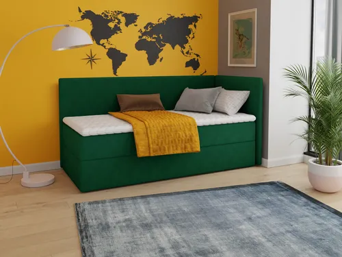 Boxspringbett Flame mit Bettkasten - 80 x 200 cm, grün - Polsterbett mit praktischen Bettkasten und Luxus Bonell-Matratze, ideal für Schlafzimmer und Kinderzimmer. Universelle Bettseite für flexible Montageoptionen.