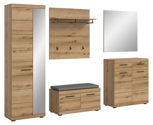 xonox 6-tlg. Garderobenkombination Scout - Moderne Garderobe für Flur und Diele, bestehend aus Hochschrank, Wandpaneel, Sitzbank, Sitzkissen, Spiegel und Kommode – alles in stilvollem Braun und platzsparend!