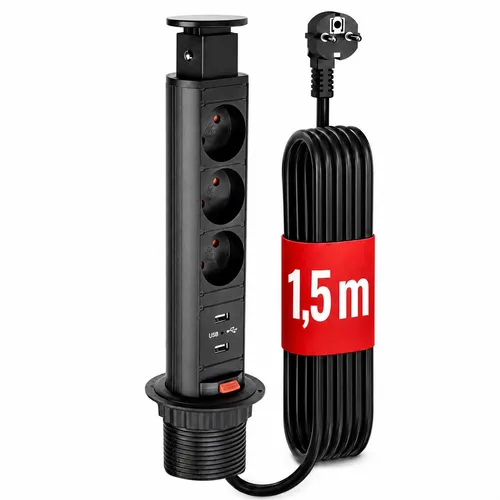 STOLMET Tower Power Schwarz Tischsteckdose versenkbar, 3x Typ E mit Erdungsstift, 2x USB, 2 m Kabel, Komplett für Tischplatte Küche Büro Arbeitsplatte
