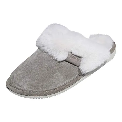 Hollert Leather Lammfell Hausschuhe - Malibu Damen Pantoffeln, Grau/Weiß, 41 EU - Hausschuhe aus 100% Merino Lammfell, temperaturausgleichend und atmungsaktiv. Ideal für ganzjährigen Komfort und warme Füße.