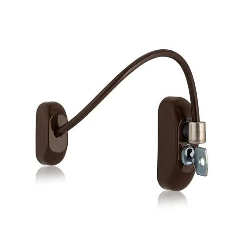 XFORT® Brauner abschließbarer Fensterriegel mit Schlüssel, 20 cm Kabel begrenzt Fenster auf 100 mm Öffnung robuste Fenstersicherung zum Schutz vor Verletzungen oder Einbruch, Kindersicherung.