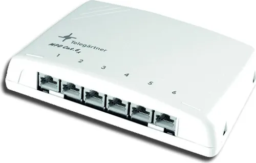 Telegärtner Mini-Verteiler Cat6A MPD6-HS K - Verteilerkästen mit 6 RJ45-Anschlussbuchsen, ideal für kompakte Netzwerklösungen. Einfach zu montieren, bietet hohe Übertragungsraten bis 10 Gbit/s und ist PoE+ geeignet.