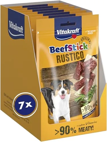 Vitakraft Beef Stick Rustico, Hundeleckerli, fleischige Salamihäppchen, Hunde Trainingsleckerli, ohne Zusatz von Zucker (7x 55g)