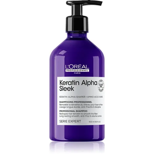 L'Oréal Professionnel Keratin Alpha Sleek Shampoo 500ml - Luxuriöses Glättungsshampoo für farbiges und frizziges Haar. Reinigt sanft und sorgt für langanhaltende Glätte und Kontrolle. Ideal für eine einfache Haarpflege.