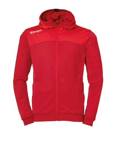 Kempa EMOTION 2.0 HOOD JACKET 164 chilirot/rot - Sportjacke mit schnitttechnischem Design, ideal für aktive Kids. Atmungsaktive Kapuzenjacke aus 100% Polyester mit seitlichen Zipper-Taschen und elastischen Rippbündchen für optimalen Komfort.