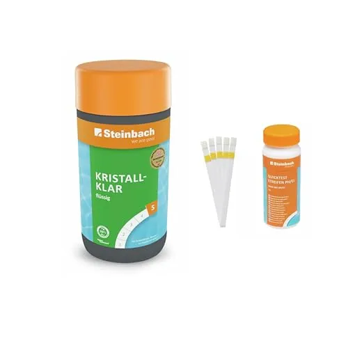 Steinbach | Poolpflege Kristallklar Starter-Set | flüssig, 1 l | mit 50er Teststreifen-Kit | ideal zur Wasserkontrolle | Poolwasser sauber und kristallklar
