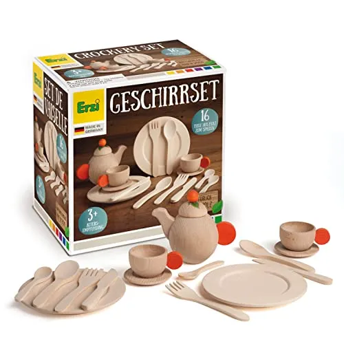 Erzi 10678 Geschirrset Natur aus Holz - 16-teiliges Kinderküchen-Set, fördert spielerisch Entwicklung und Kreativität