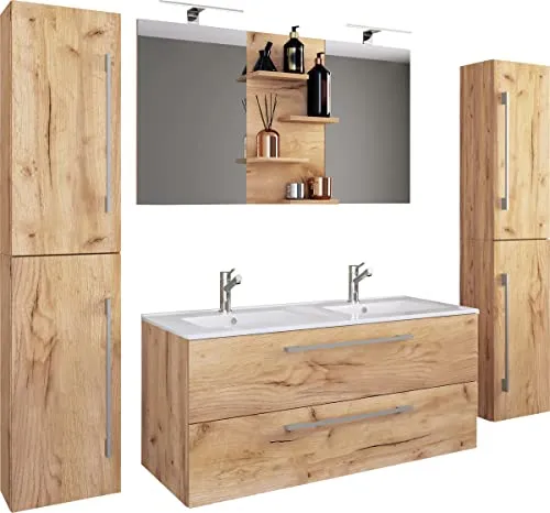 VCM 5-tlg. Doppel Waschplatz Budasi - Badmöbel-Set mit stilvollem Unterschrank, Doppelwaschbecken aus Keramik und praktischem Spiegel mit Ablageflächen – ideal für modernes Badezimmerdesign.