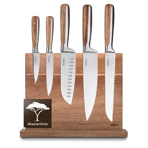 BAUMFELD 6-teiliges Premium Messerblock Set aus Edelstahl - Küchenmesser Set mit ergonomischen Akazienholzgriffen und hochwertigem Edelstahl für präzises Schneiden – stilvoll und platzsparend mit magnetischem Messerblock.