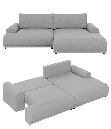 Modernes Ecksofa mit breiter Ottomane rechts, Schlaffunktion Gästebett inkl. Bettkasten, Wellenunterfederung, B240/T145/H81 cm, Liegefläche 130x196 cm, Bezug mit Bouclé-Charakter in Grau / 21029