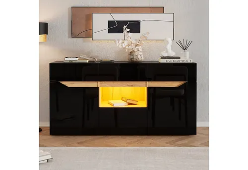 MODFU Sideboard Wohnzimmer-Kommode Schwarz/Holz mit LED