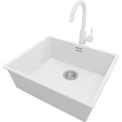 PRIMAGRAN Granitspüle Weiß 56x47cm, Spülbecken 1 Becken + Küchenarmatur 32x20cm + Ablauf-Set, Küchenspüle ab 60er Unterschrank - London Slim - Weiß