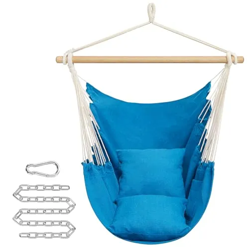 SONGMICS Hängesessel, Hängeschaukel, Hängestuhl mit 2 Kissen, Metallkette, bis 150 kg belastbar, Indoor und Outdoor, Wohnzimmer, Schlafzimmer, meerblau GDC187Q01