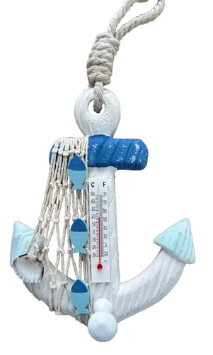 ✅ Holz Anker Thermometer maritim Muschel Fisch 17x13 cm mit Haken NEU DEKO BAD✅