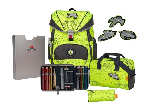 DerDieDas ErgoFlex Superflash Schulranzenset 5-teilig Neon Fighter - Schulranzen Set mit ergonomischer Rückseite und gepolsterten Gurten für höchsten Komfort, inklusive passender Schlampermäppchen und Sporttasche. Maße: 28 x 38 x 20 cm.