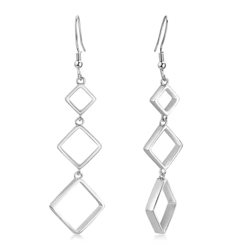 MATERIA Geometrische Ohrringe aus Silber 925 - Damen Ohrhänger lang SO-290 - Moderne Damen Ohrringe in geometrischem Quadrat-Design aus rhodiniertem 925 Sterling Silber, ideal als stilvolles Geschenk. Maße: 63 x 17mm, leicht und elegant.