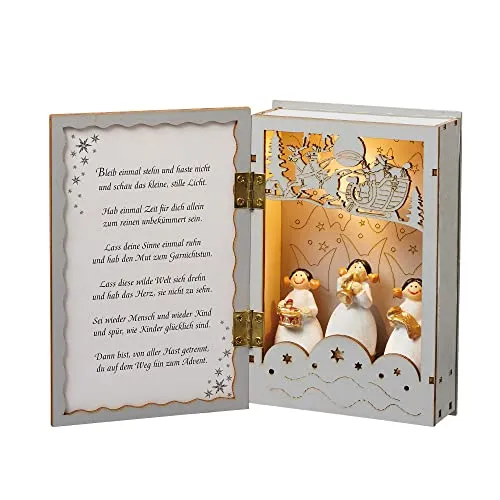 hellum LED Holzbuch, beleuchtetes Buch mit „Frohe Weihnachten“ Weihnachtsdeko, Winterdekoration für Innen, Größe 20x15cm, beleuchtete Weihnachtsdeko als Tischdeko oder am Fenster, 521399