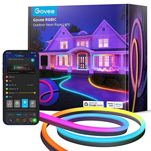 Govee Outdoor Neon LED Strip 10m - LED Streifen für Außenbereiche mit 64+ Szenenmodi und Musik-Synchronisation. IP67 wasserdicht und sprachsteuerbar über Alexa und Google Assistant für kreative Gartendekoration.