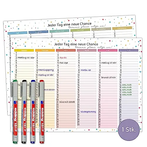 TOBJA Immerwährender DIN A4 Tafelkalender - Abwischbar, wiederbeschreibbar inkl. 4 Stifte | Geburtstagskalender Jahresunabhängig beidseitig bedruckt | Bunte Dots Design (+4 Markenstifte bunt)
