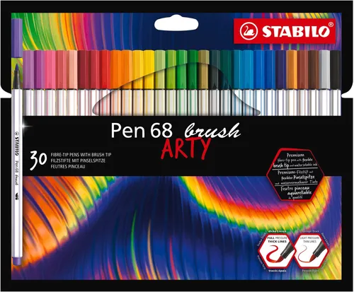 STABILO Pen 68 ARTY - 30er Kartonpackung Pinselstifte, brillante Farben für kreative Kunstprojekte