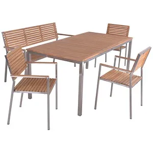 Tischgruppe DENVER Set 05, 6-tlg. - Stilvolle Gartenmöbel - Gartenmöbel-Set mit robustem Edelstahlgestell und nachhaltigem Teakholz. Perfekt für gesellige Stunden im Freien, pflegeleicht und elegant.