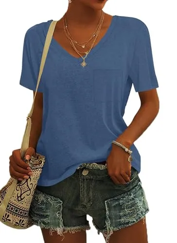 MOLERANI Damen Kurzarmhemden mit V-Ausschnitt Loose Casual Tee Sommer Tops mit Tasche (M, Dunkelblau)