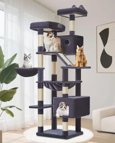 Taoqimiao 180cm Kratzbaum XXL, Großer Katzenbaum Für Große Katzen, MS026LG | Stabil, 8 Kratzsäulen, Mehrstöckig, Mehrkatzen, Katzenkratztafel, 2 Katzenhäuser, Hängehängematte, Korb, Innen, Rauchgrau