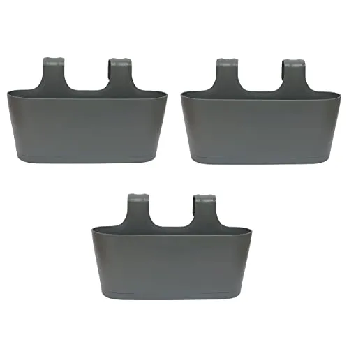 Engelland 3 x Blumenkasten zum Auf-Hängen, Farbe: Anthrazit-Grau, Blumentopf, oval, Balkon, Übertopf, Pflanzkasten, mit Wasserspeicher/Wasserauffangschale