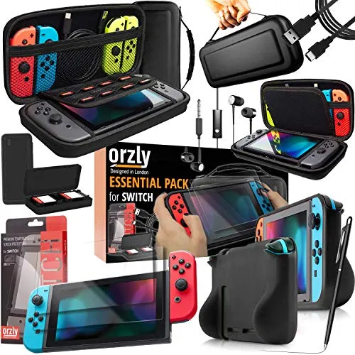 Switch Accesoires, Orzly Zubehör für Nintendo Switch (Panzerglas Schutzfolien, USB Ladekabel, Konsole Tragetasche, Spiele Patronenhülse, Comfort Grip Case, Kopfhörer)-SCHWARZ