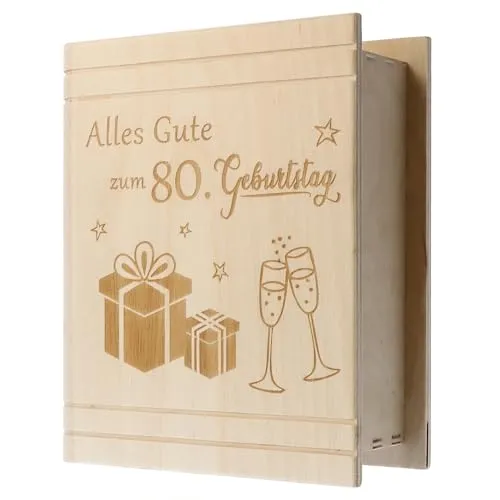 Spruchreif Spardose Buch mit Gravur – Originelles Geschenk zum 80. Geburtstag - Originelle Spardose in Buchform aus FSC-zertifiziertem Holz, verziert mit