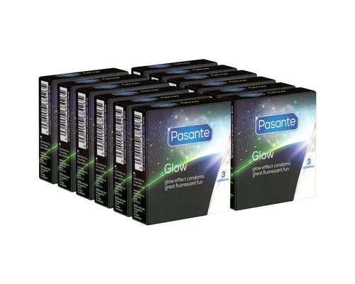 Pasante Kondome Glow (leuchtende Kondome mit grünem Leuchteffekt) Packung mit, 36 St., Leuchtkondome, fluoreszierend, leuchten im Dunkeln