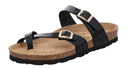 Rohde Damen Zehentrenner Pantolette Alba 5575 - Schwarz, Größe 38 EU - Elegante Damen Pantolette mit pflegeleichtem Lack-Obermaterial und verstellbaren Schnallen für optimalen Komfort. Ausgestattet mit einem Ledertieffußbett und einer leichten EVA-Laufsohle, ideal für den Alltag.