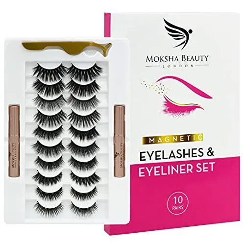 MOKSHA Magnetische Wimpern und magnetischer Eyeliner im Set - Wiederverwendbare künstliche 3D-Wimpern mit Pinzette | Kleberfrei, wasserfester Eyeliner | Natürlicher Look (10 Pairs)