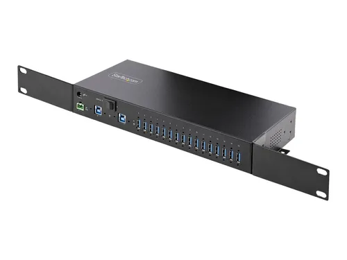 StarTech.com 16-Port Industrie USB 3.0 Hub - USB-Hub mit 16 Ports, 120W Ladeleistung und robustem Metallgehäuse, ideal für industrielle Anwendungen und flexible Montageoptionen.