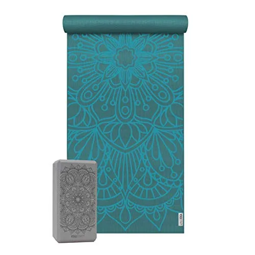 Yoga-Set Starter Edition - Lotus Mandala in Marine Blau - Praktisches Yoga-Set mit rutschfester Yogamatte und einem Yogablock für optimale Unterstützung. Ideal für Einsteiger und regelmäßige Übungen.