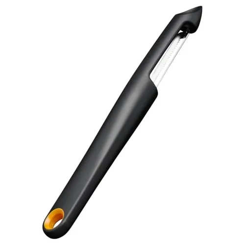 Fiskars Functional Form Fruchtschäler mit beweglicher Klinge, Spezialschäler für Tomaten und Kiwis, Gezahnte Klinge, Edelstahl-Klinge/Kunststoff-Griff, Schwarz/Orange, 1079961